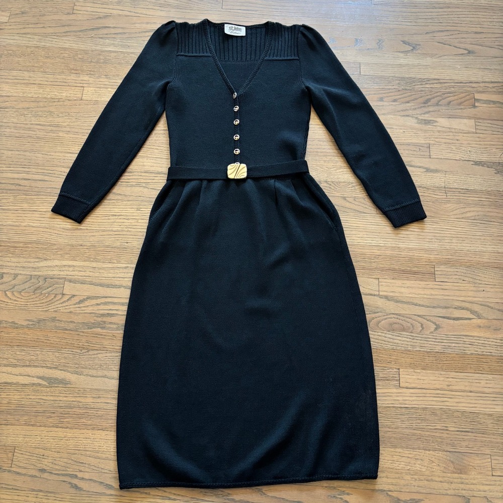 St John for Bullock's Vintage Black Knit Dress V-Neck Gold Buttons Belted 4?